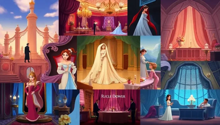 A collage of scenes from animated movies showcasing elegant artistry and vibrant colors.