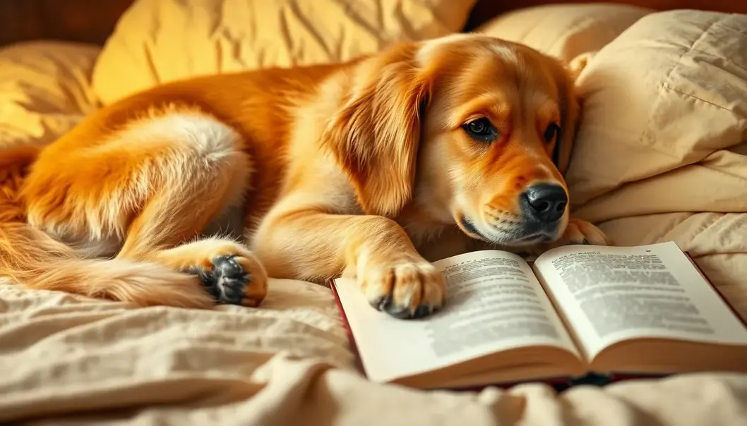 A golden retriever relaxing beside a beloved book.