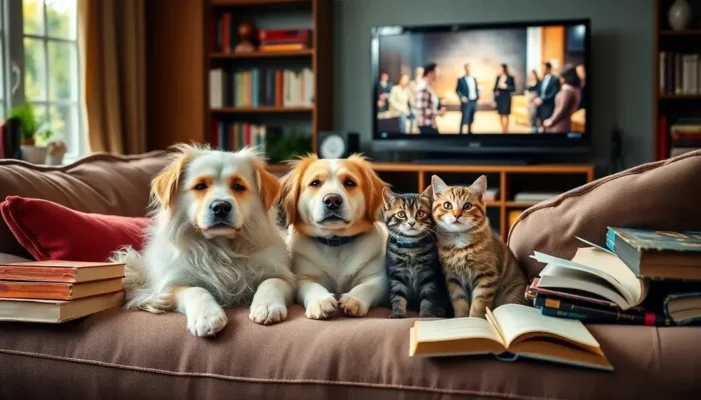 A dog and cat resting in a cozy room with books and a TV playing a movie.