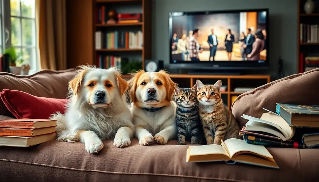 A dog and cat resting in a cozy room with books and a TV playing a movie.
