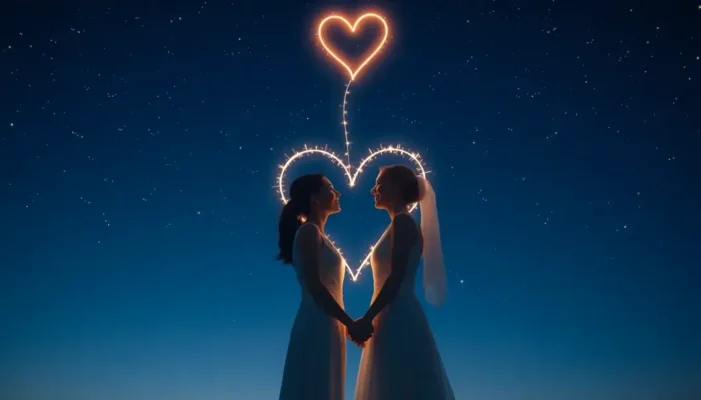 A couple divided by distance, connected by a glowing heart symbolizing love and unity across miles.