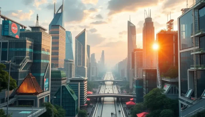 A visionary cityscape where technology and nature are integrated, symbolizing future fashion trends.