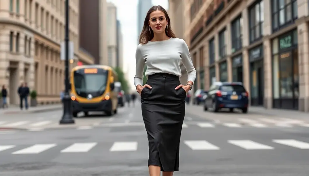 Monochromatic outfit with vertical lines elongating a petite silhouette.