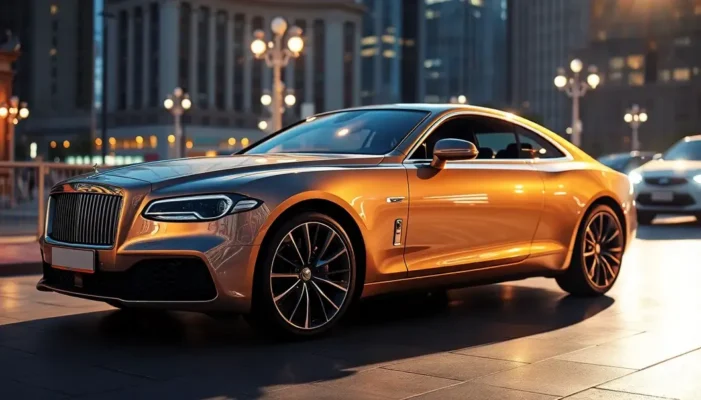Illuminated luxury vehicle with shimmering surface and cityscape background.