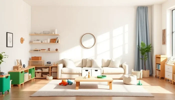 An organized family room with efficient toy storage solutions.