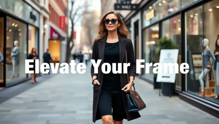 A fashionable petite woman walking confidently down a city street, embodying stylish confidence.