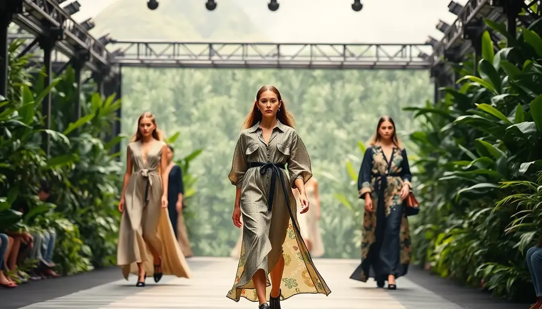 Fashion models parade in sustainable clothing made from eco-friendly materials on a nature-themed runway.