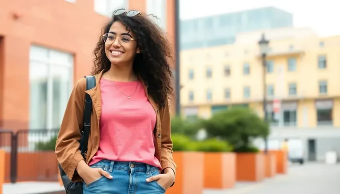 Teenager in a stylish outfit from a capsule wardrobe against a vibrant city backdrop.