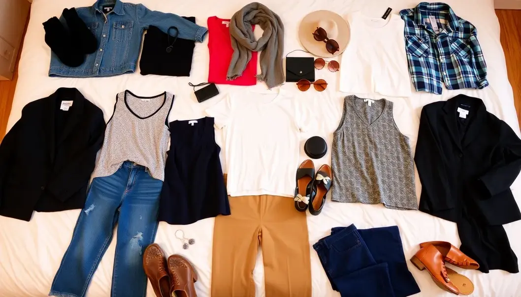 A selection of essential clothing items for a teen’s capsule wardrobe.
