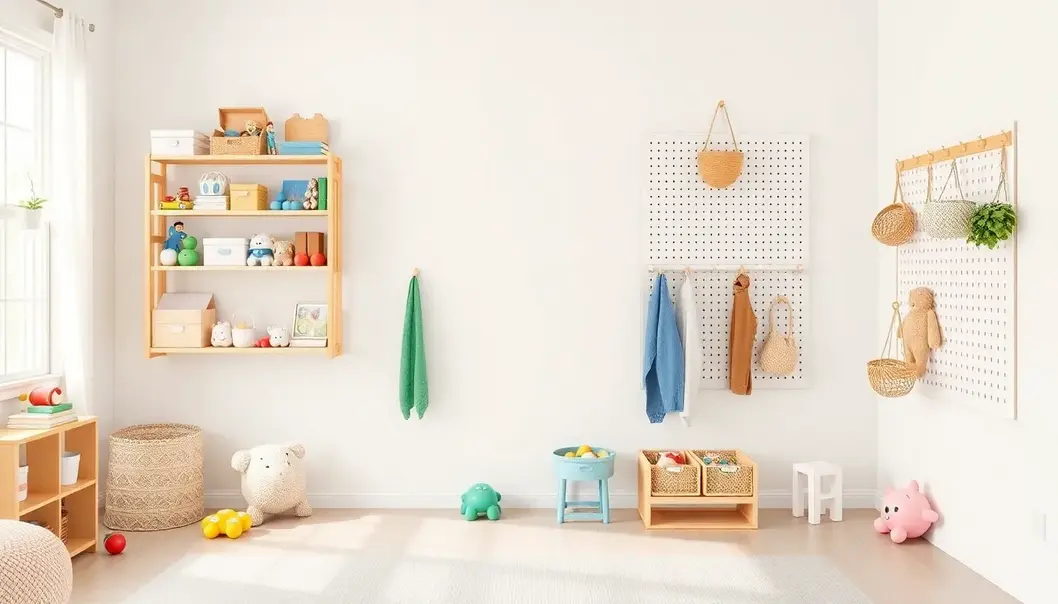 Utilize vertical spaces with wall-mounted shelves and pegboards for toy storage.