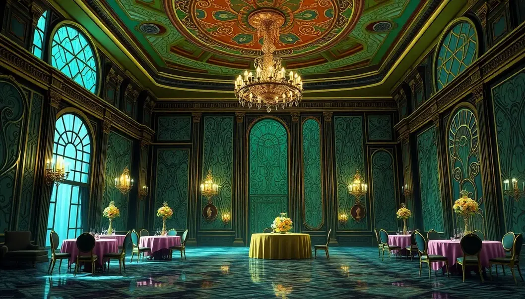 An opulent ballroom animated with intricate details.